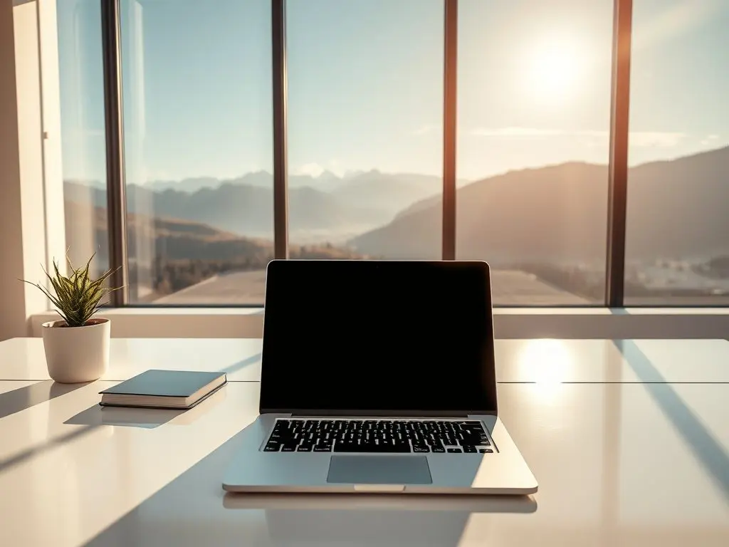 A peaceful workspace with a laptop, overlooking a beautiful destination