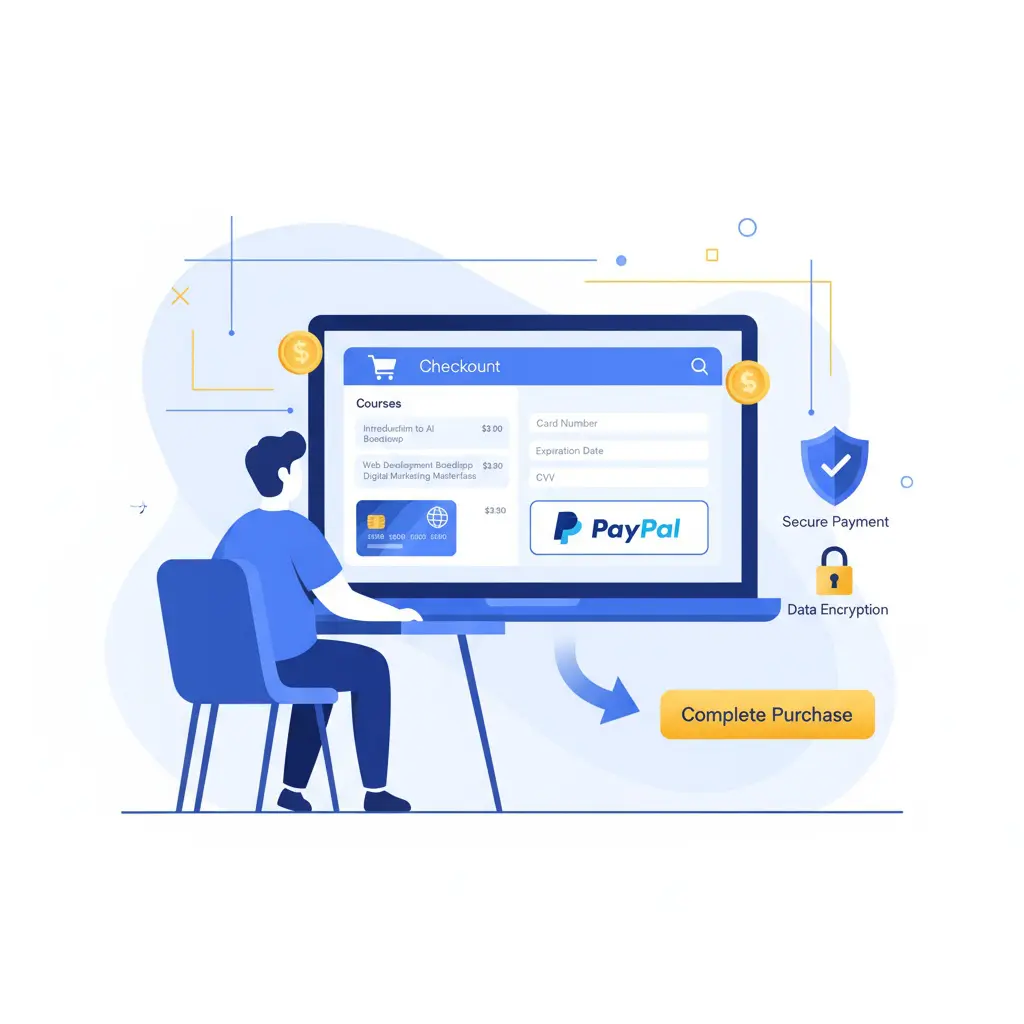 Secure online payment process for Mondosol courses and coaching with Stripe and PayPal, showing laptop checkout interface with credit card and shopping cart