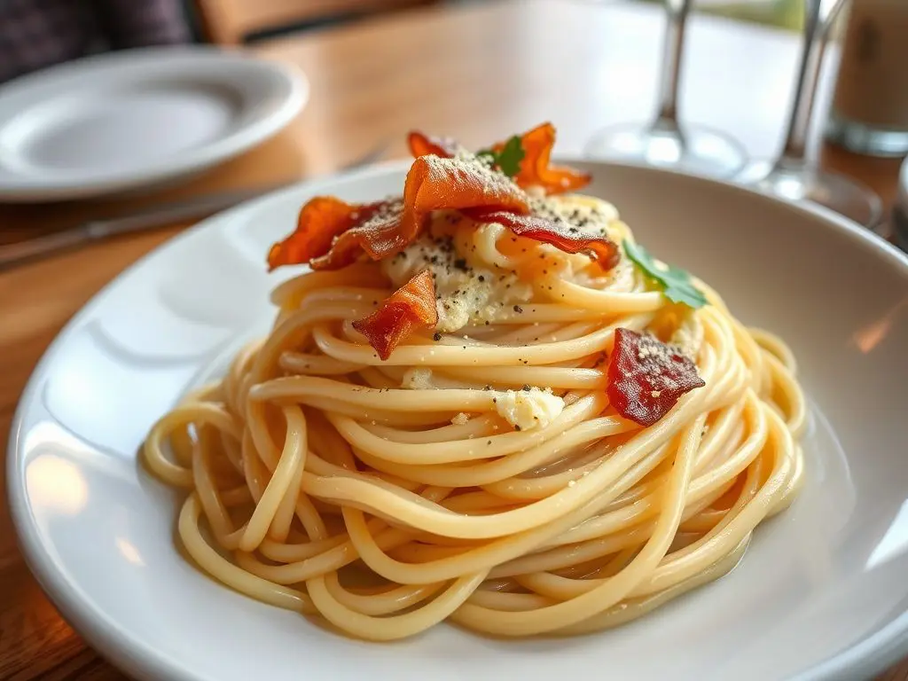 "Spaghetti alla carbonara" (Italian)

Memory hook: "Carbon" sounds like carbonara - think of the black pepper!