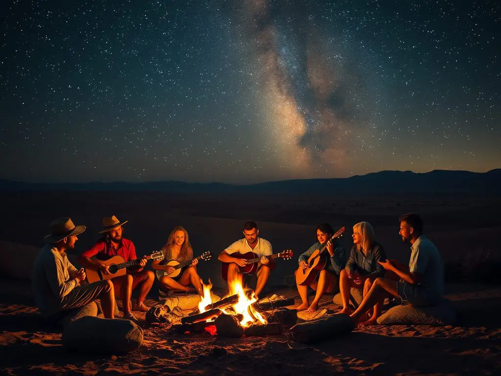 The desert spread endless beneath a tapestry of stars. Around the campfire, travelers from five continents gathered. Someone started humming, another joined with gentle percussion on a tin cup. Music rose into the darkness, proving harmony needs no common tongue.