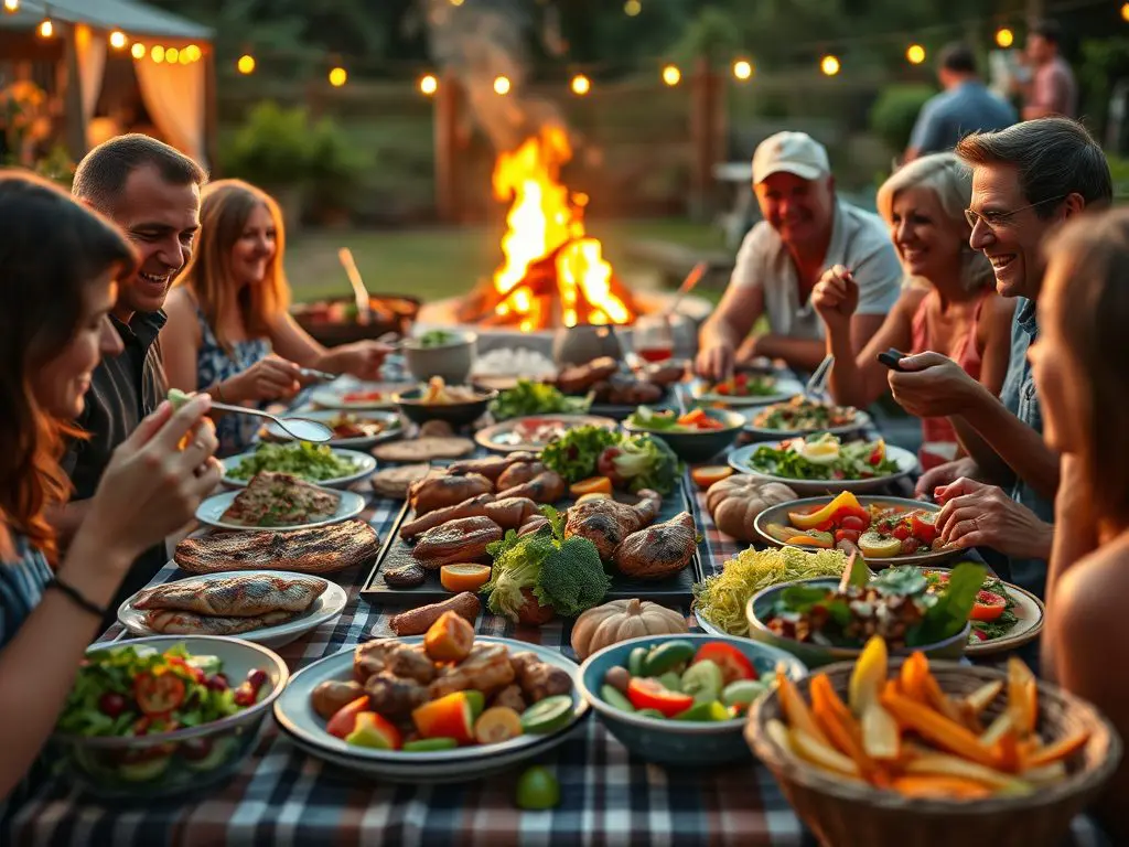 As evening falls, we host an outdoor feast featuring barbecued meats and fresh salads, celebrating the abundance of summer produce. 