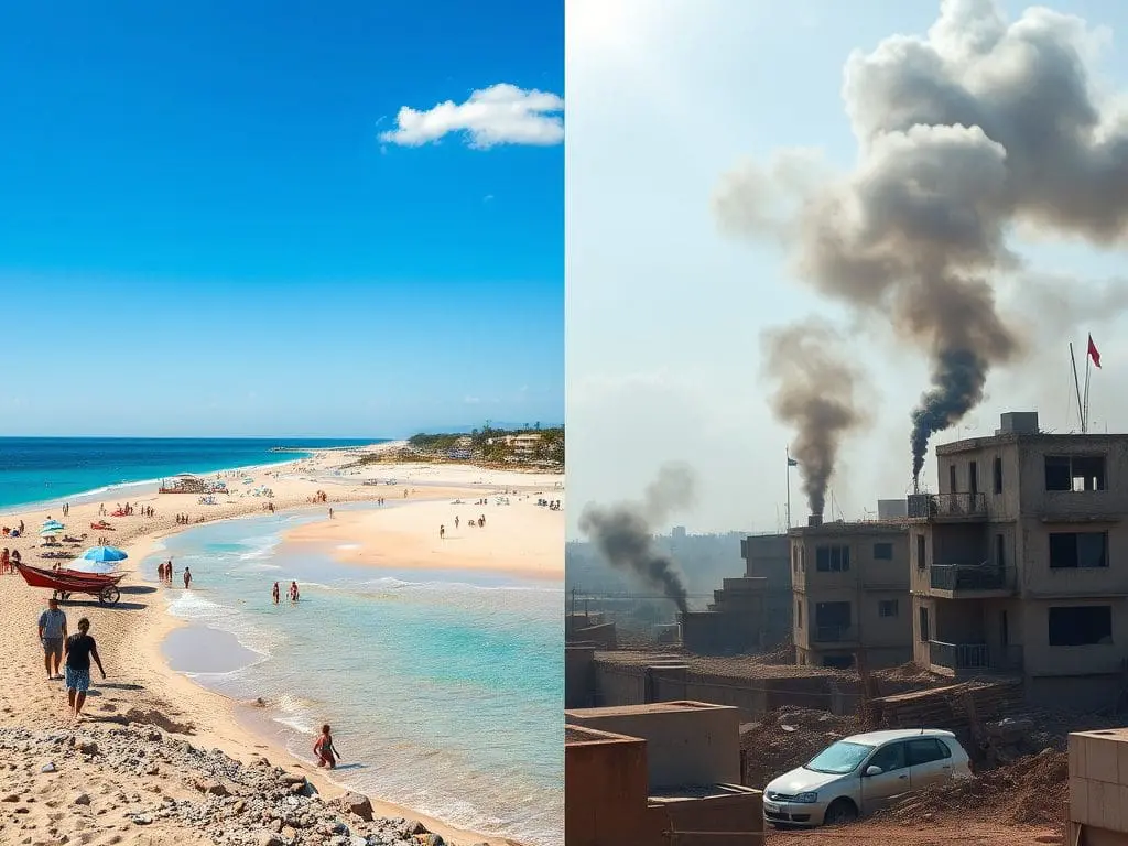 A split image showing contrasting scenes - peaceful tourist destination vs. conflict zone