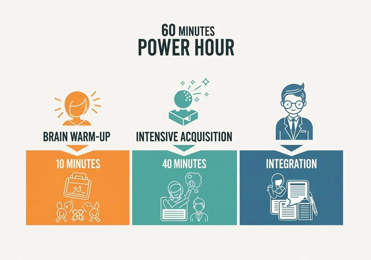 Power Hour Method language learning process showing 60-minute intensive focused sessions with cultural immersion