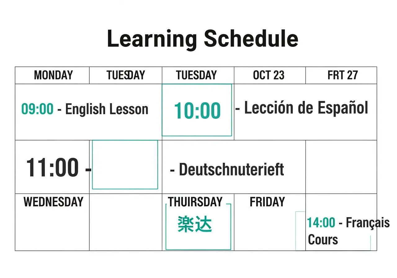 Multilingual learning schedule showing simultaneous language acquisition plan with Mondosol's strategic approach