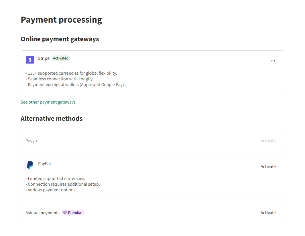 Payment method options for Mondosol property hosts