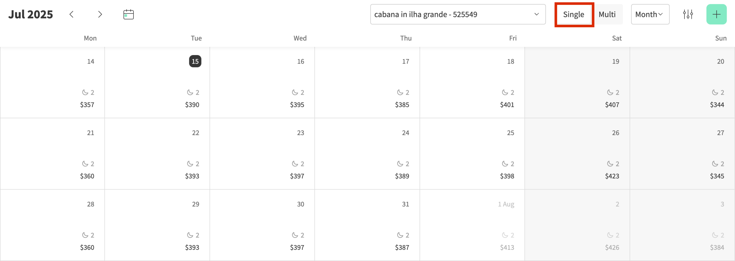 The Single Unit Calendar View will show you one rental at a time.