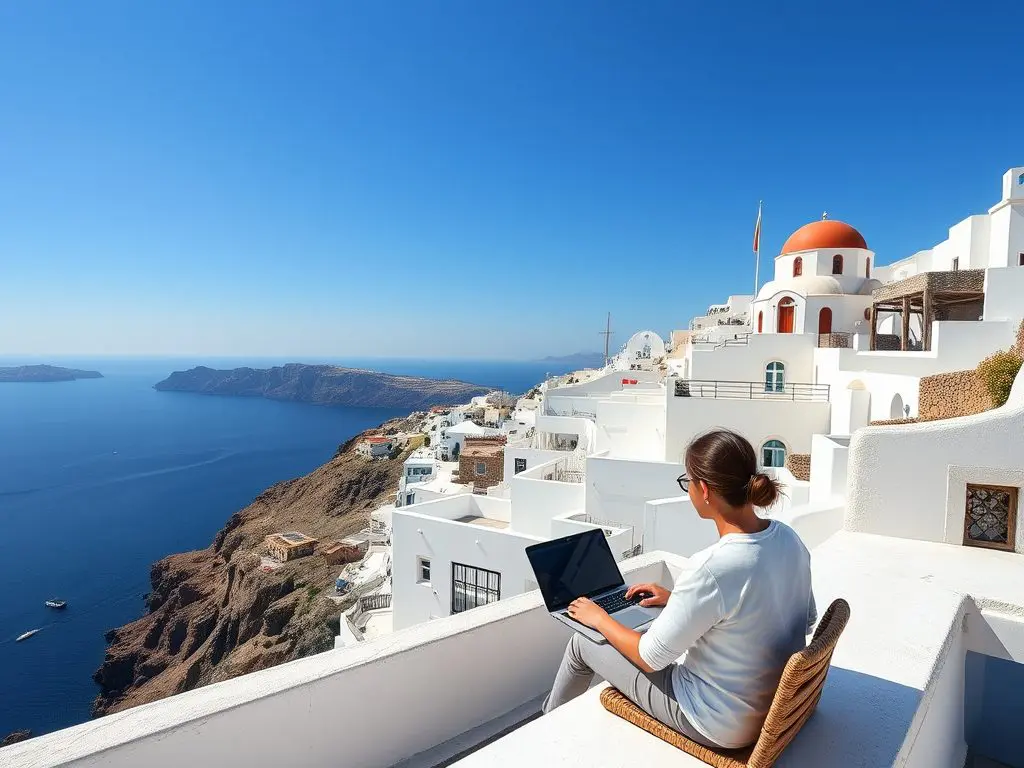 Welcome to Santorini! This iconic island offers breathtaking caldera views. It also has a vibrant digital nomad scene. These factors make it the perfect backdrop for your remote work adventure. 🌍✨