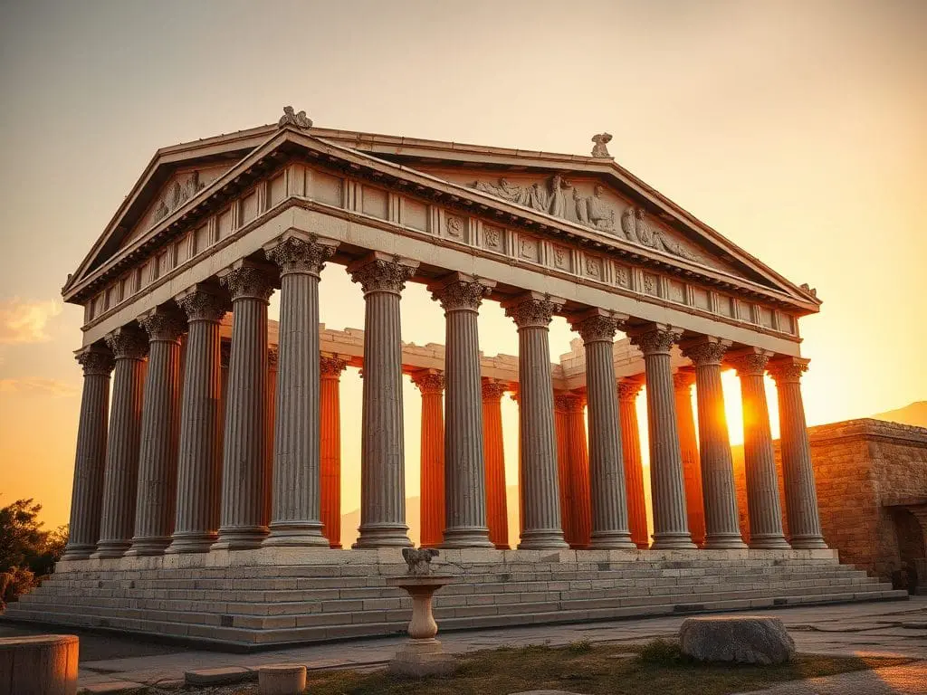 A classical Roman temple with sunset background, symbolizing ancient wisdom