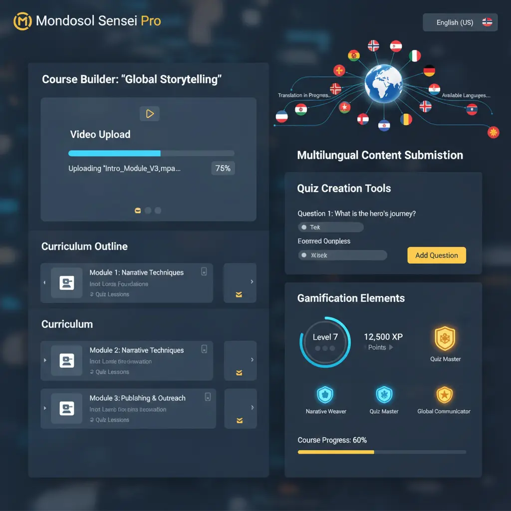 Course creation platform interface showing multilingual educational content submission for Mondosol 