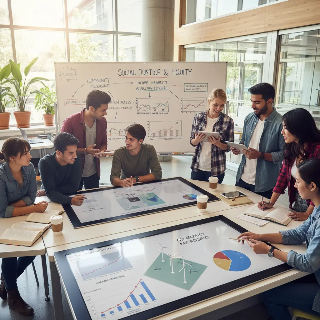 Students collaborating on climate change solutions and social justice initiatives