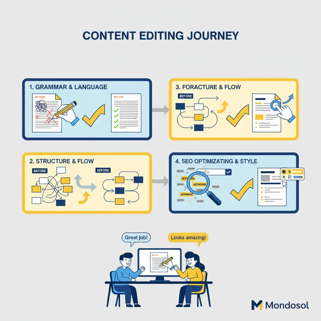 Professional content editing process showing grammar correction, structure improvement, SEO optimization, and formatting refinement 