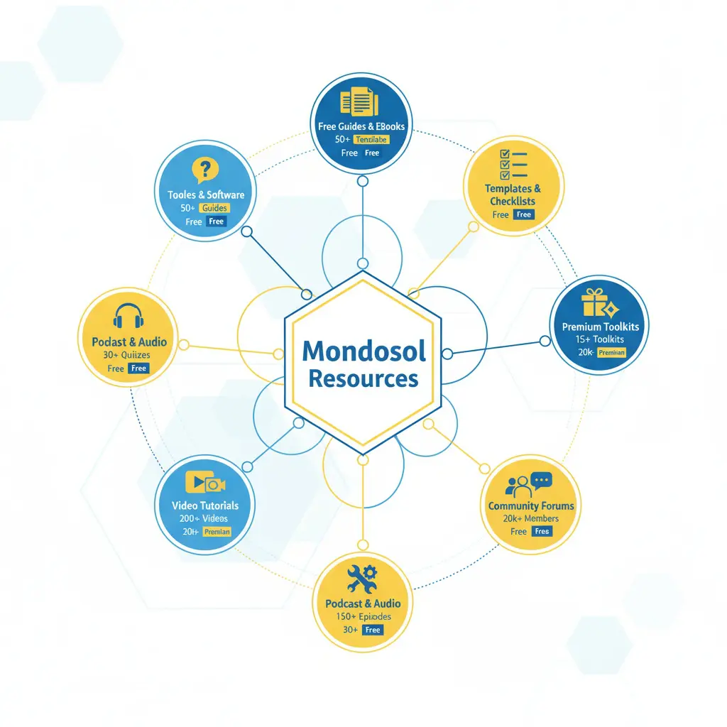 Supplementary resources collection showing free guides, templates, checklists, quizzes, community forums, and premium toolkits