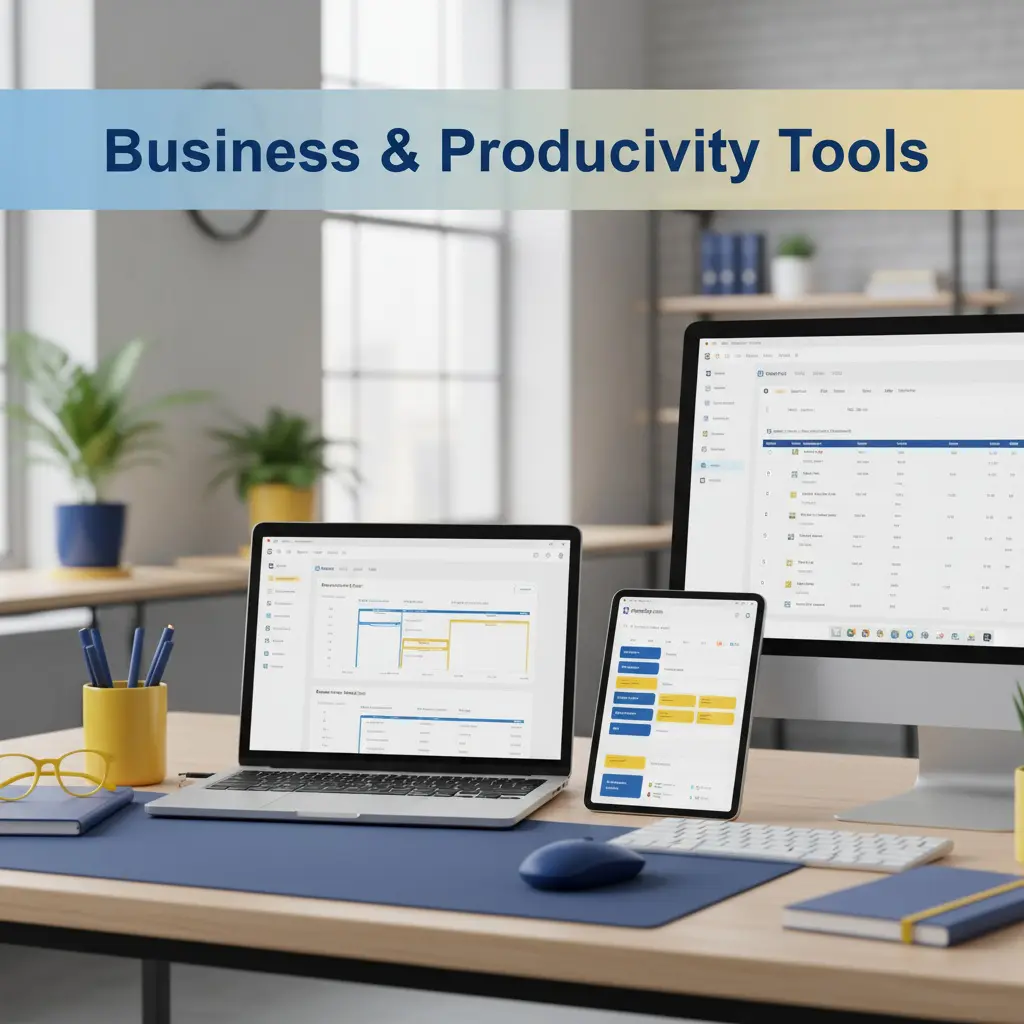 Business productivity tools including HubSpot CRM, Monday.com, and Notion workspace interfaces