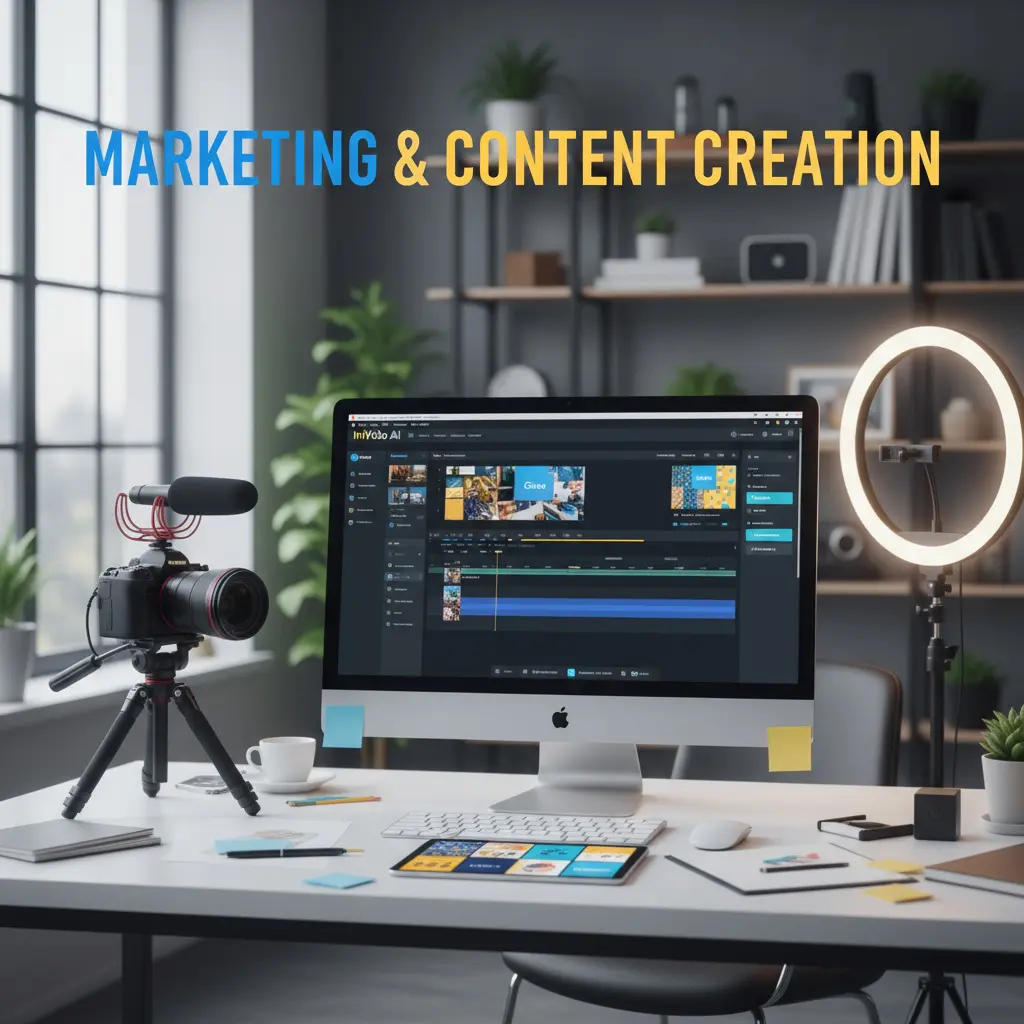 InVideo AI video editing tool interface and content creation workspace with professional equipment