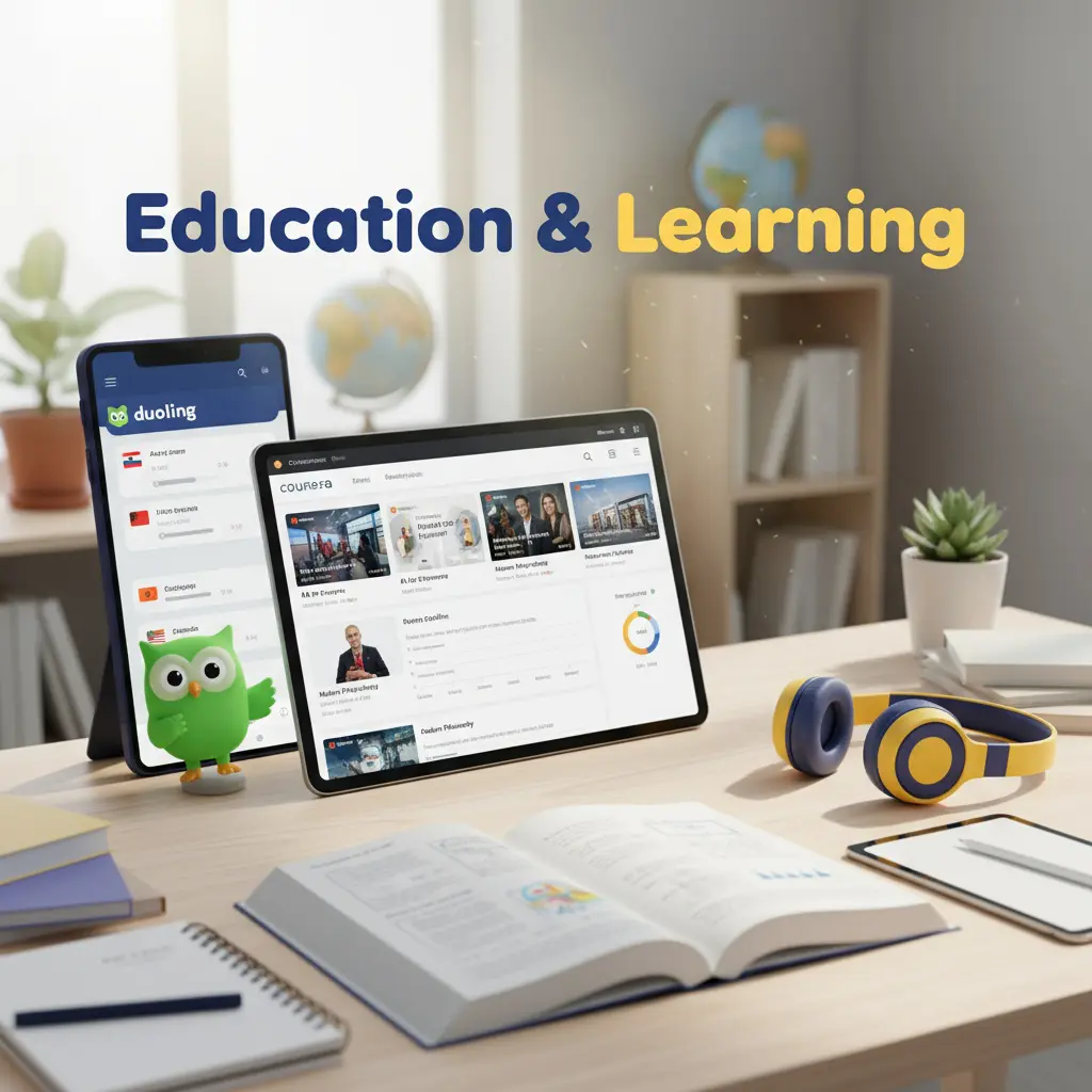 Online learning platforms including Duolingo app interface and digital education workspace