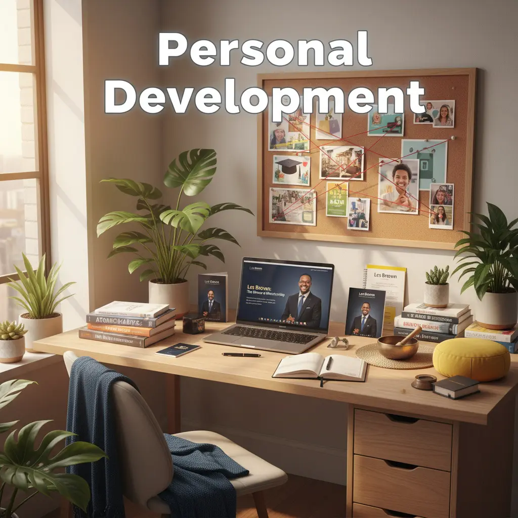 Personal development resources including motivational materials and self-improvement workspace