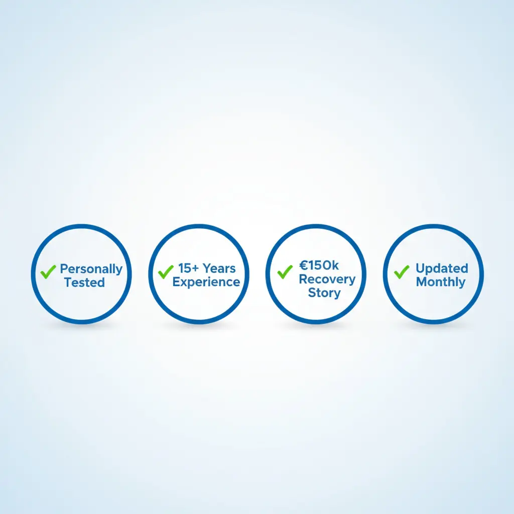 Trust badges - Personally tested, 15+ years experience, €150k recovery story, updated monthly