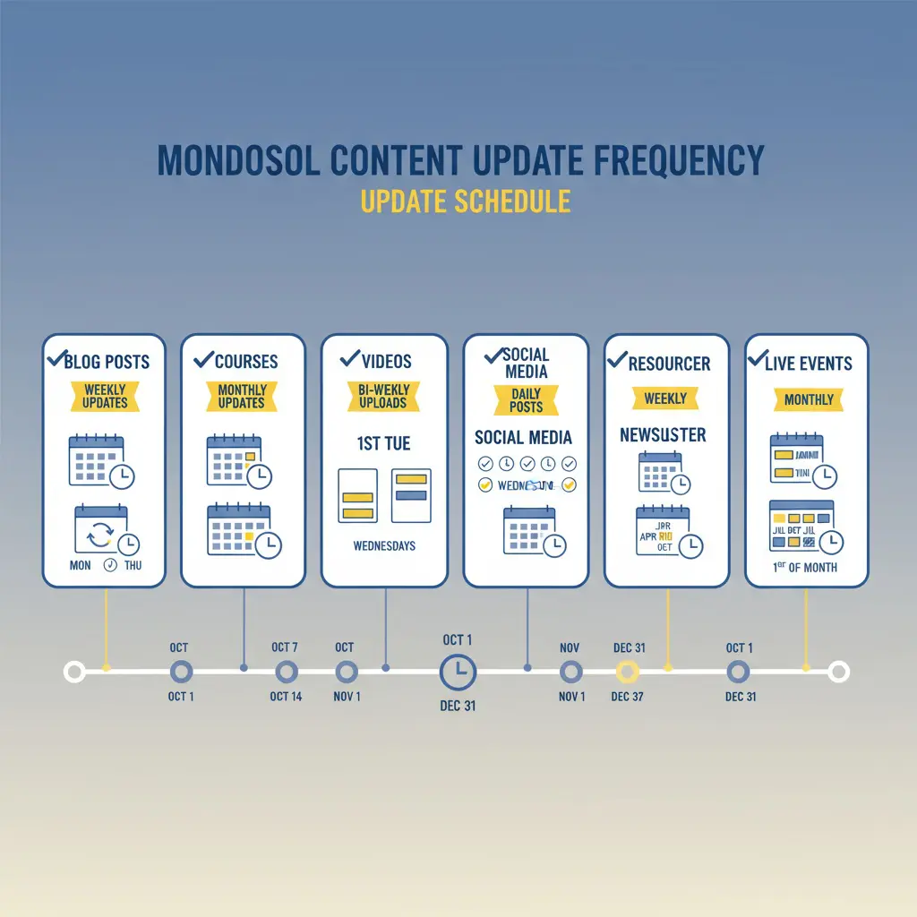 Content update frequency visualization showing update schedule across blog posts, courses, videos, social media, newsletter, resources, and live events 