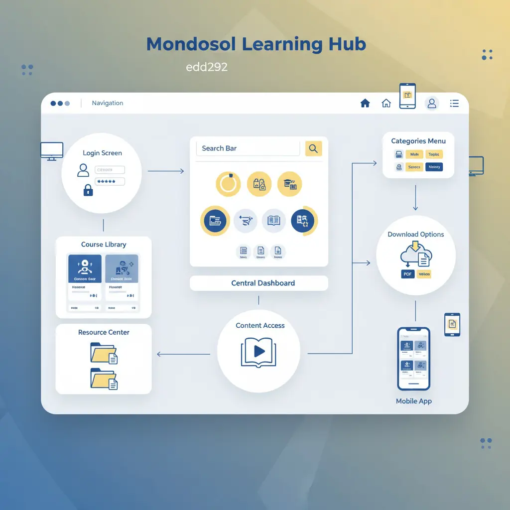 Learning resource access visualization showing login, course library, resource center, search bar, categories menu, my learning dashboard, mobile app, and download options