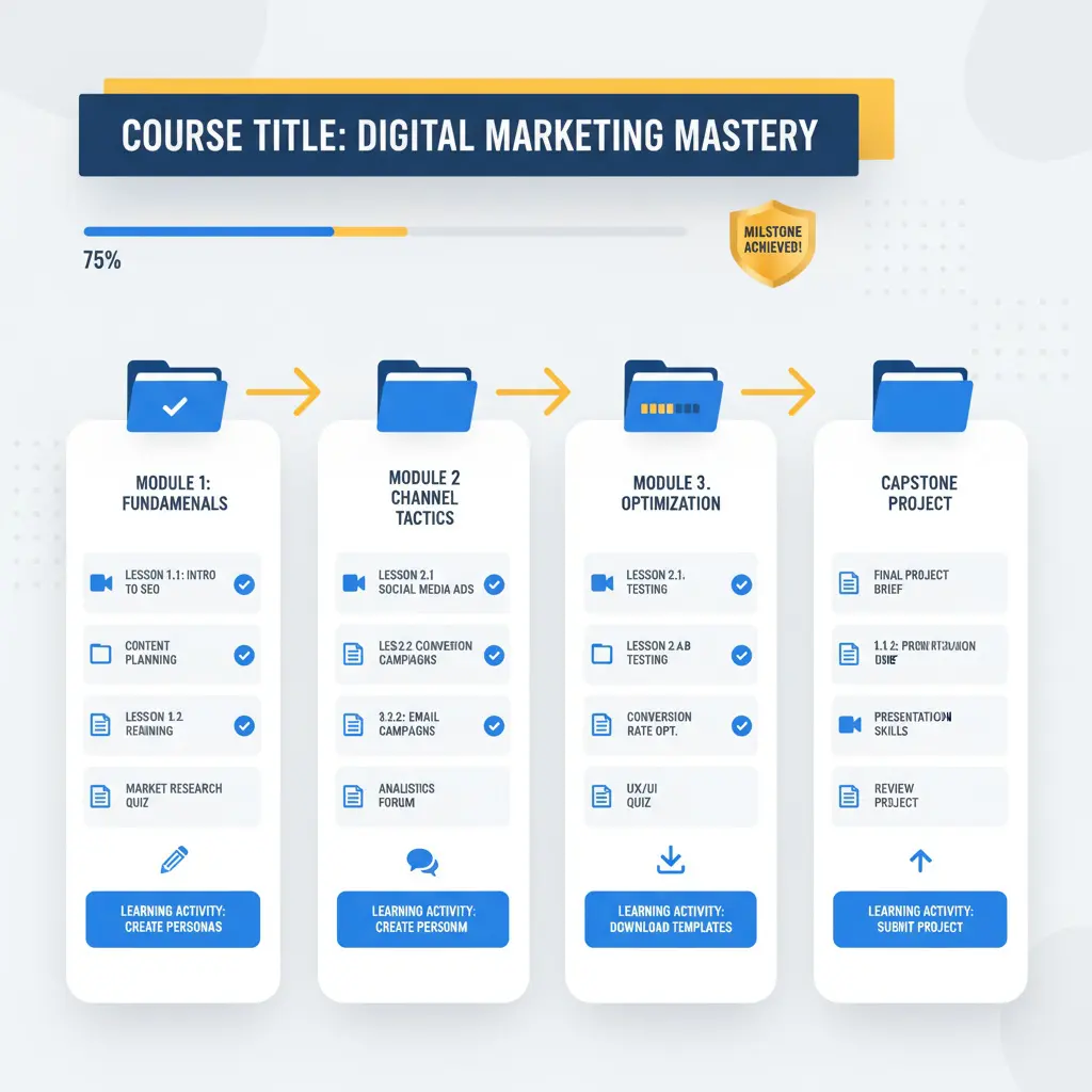 Course content organization visualization showing course title, modules, lessons, learning activities, progress tracking, completion checkmarks, and milestone badges 