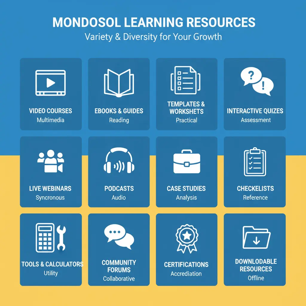 Content types variety visualization showing video courses, eBooks, templates, quizzes, webinars, podcasts, case studies, checklists, tools, forums, certifications, and downloadable resources 