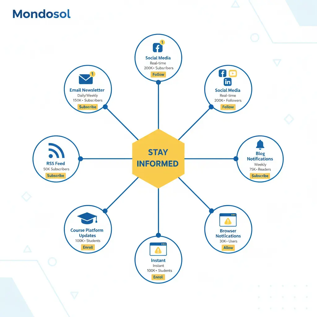 Content notification channels showing email newsletter, social media, RSS feed, blog notifications, course platform updates, and browser notifications