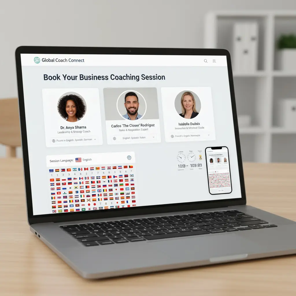 Online booking system for multilingual business coaching showing laptop with booking interface, calendar with available time slots, language selection dropdown with flags, coach profile cards, video call setup, payment options, confirmation screen, world clock with time zones, 102 language flags, booking steps, secure payment icons, coach credentials, testimonials