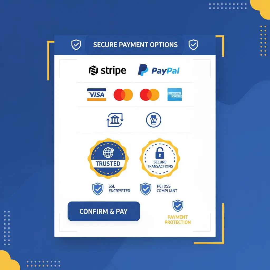 Accepted payment methods for Mondosol online courses including Stripe, PayPal, Visa, Mastercard, American Express credit cards, and bank transfer options with security badges