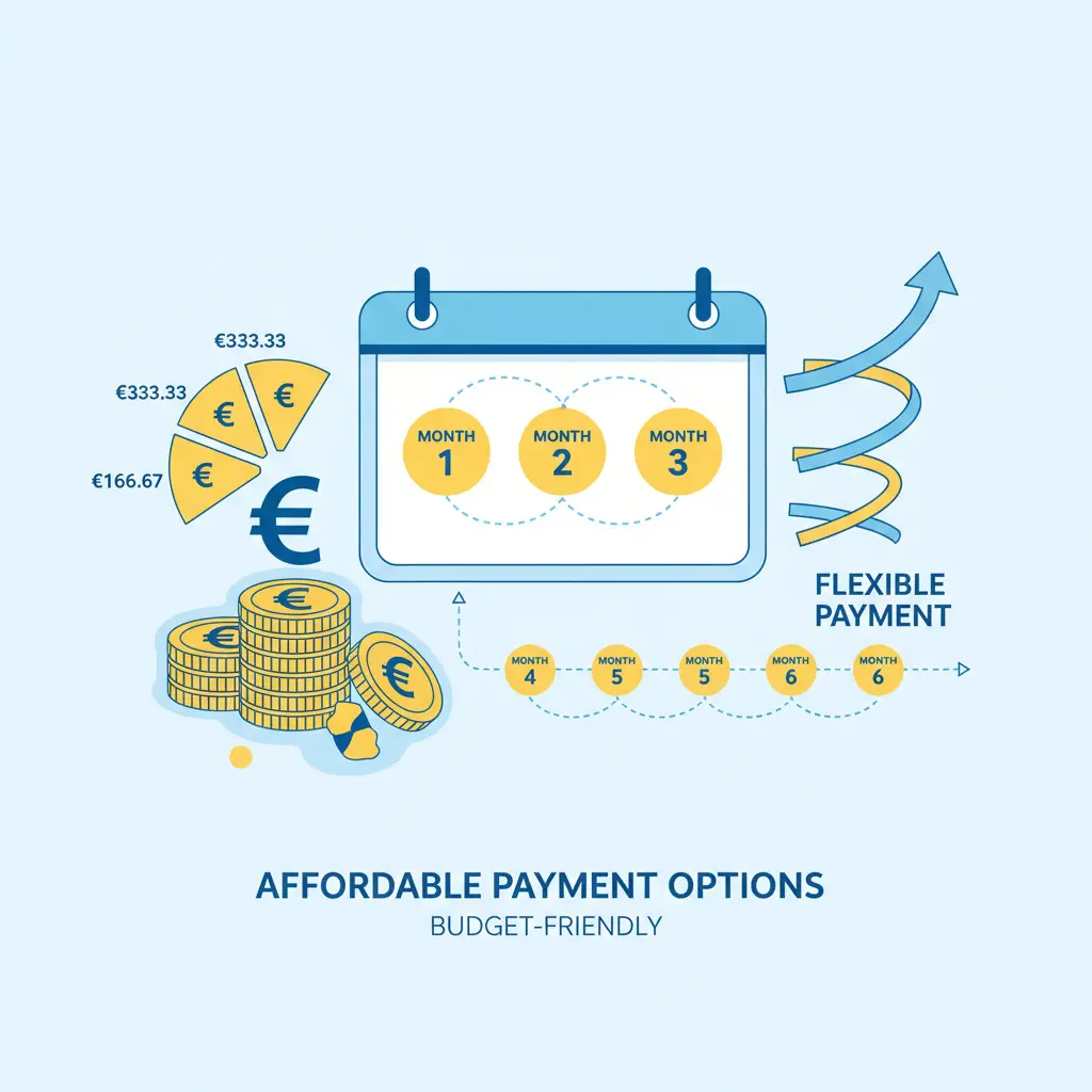 Flexible payment plan illustration for Mondosol online courses showing 3-month and 6-month installment options with calendar and euro symbols for affordable learning