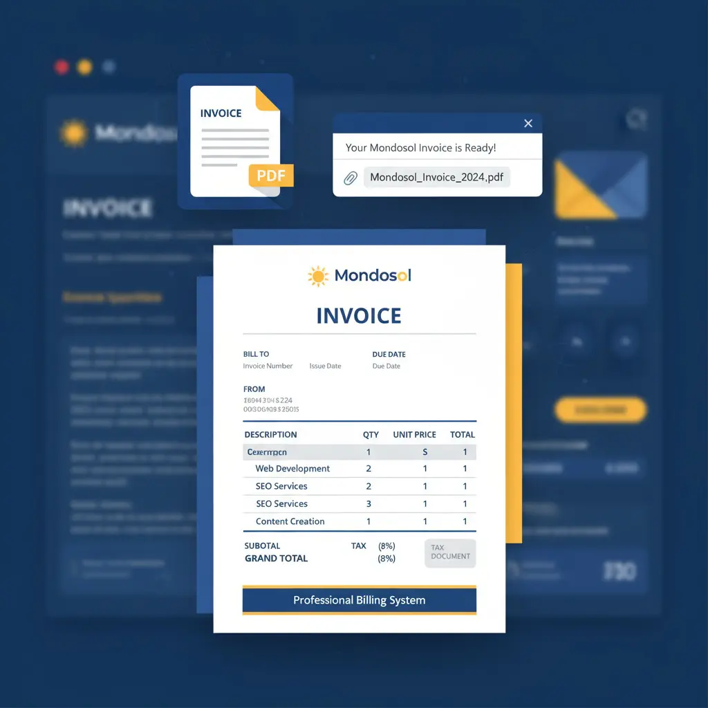Professional digital invoice document for Mondosol online courses and coaching with PDF receipt, email notification, and billing statement illustration
