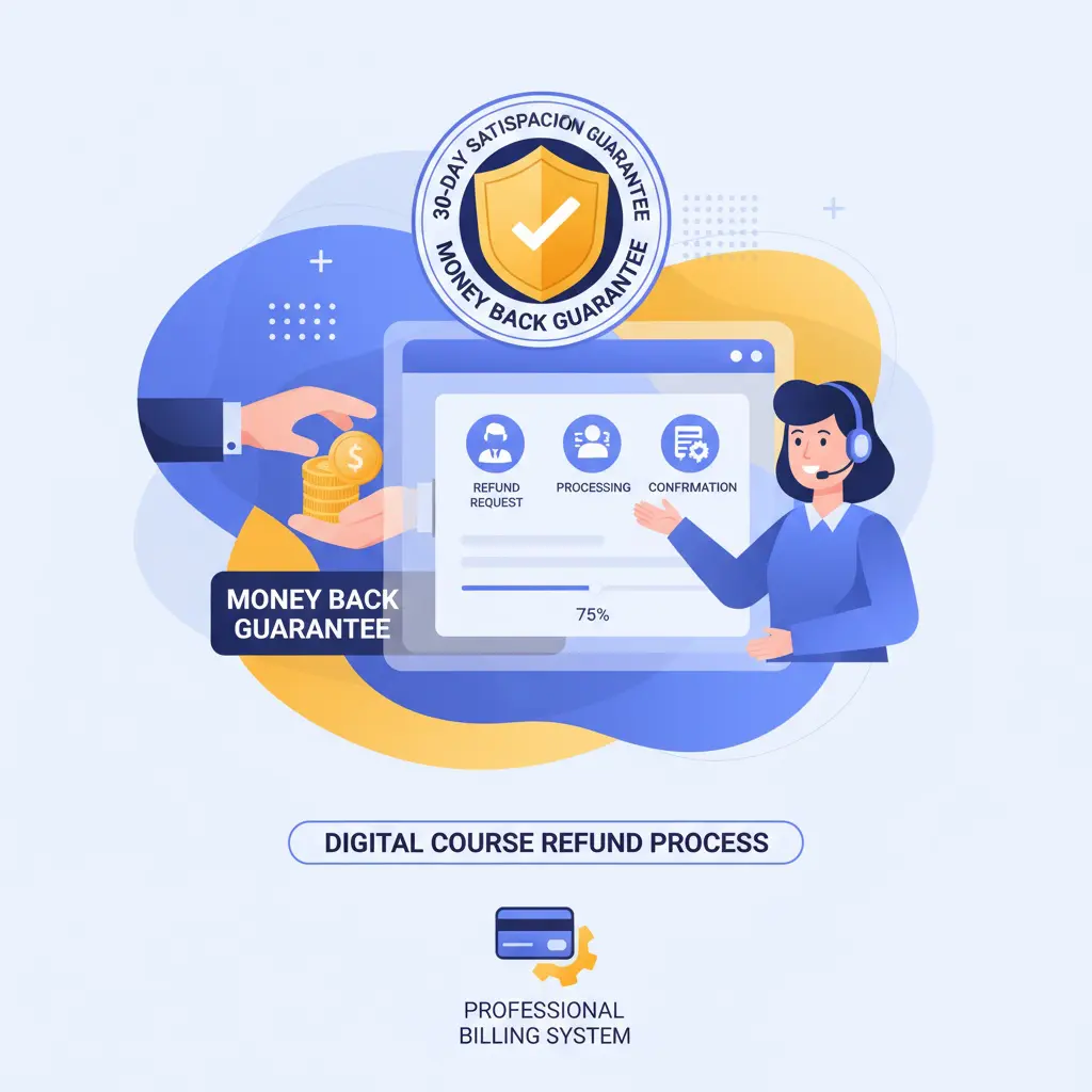 Professional refund policy illustration for Mondosol online courses and coaching showing money back guarantee and customer satisfaction