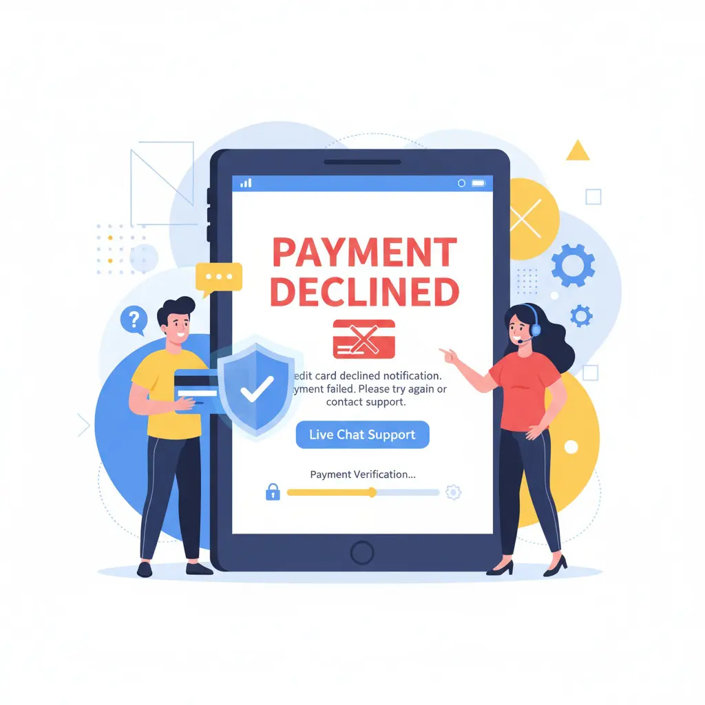 Payment declined error notification illustration for Mondosol online courses showing troubleshooting solutions and support assistance