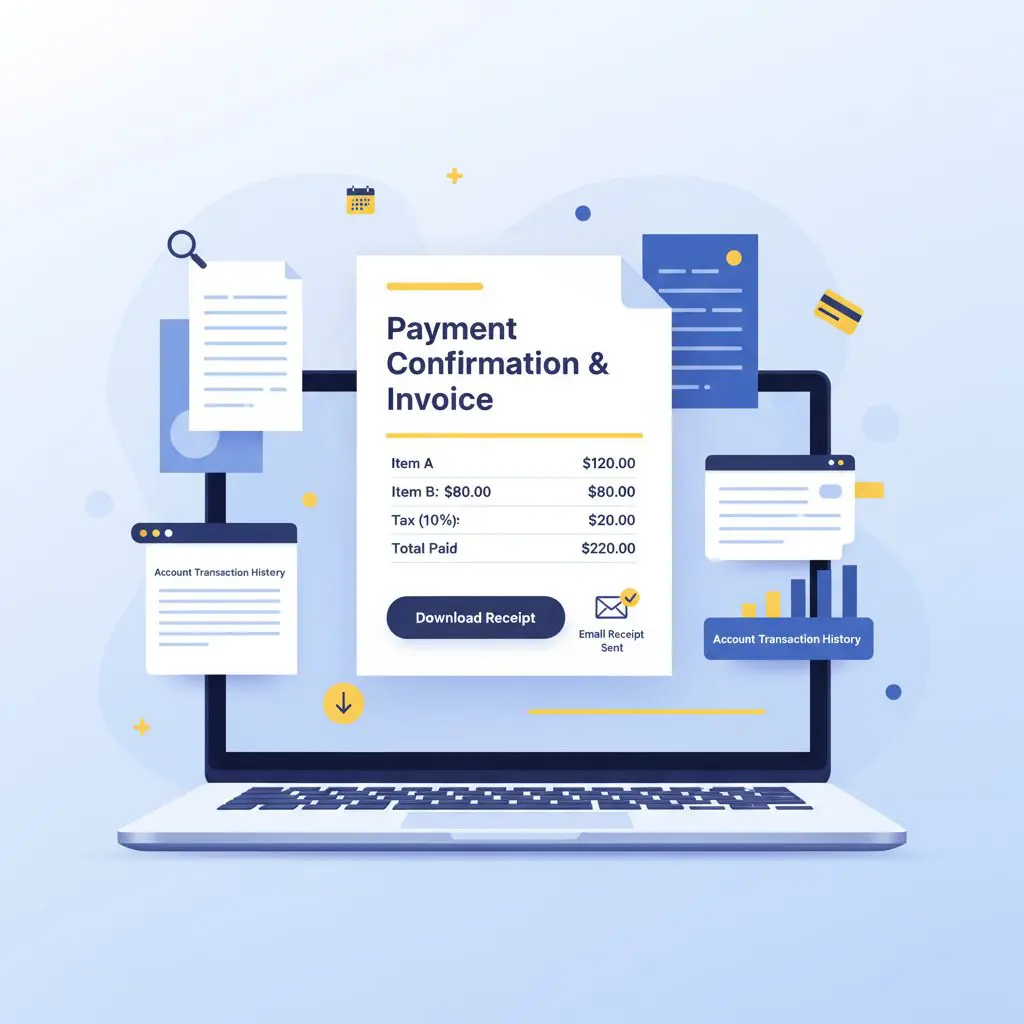 Mondosol account dashboard showing receipts and billing history with download PDF options and email receipt notifications