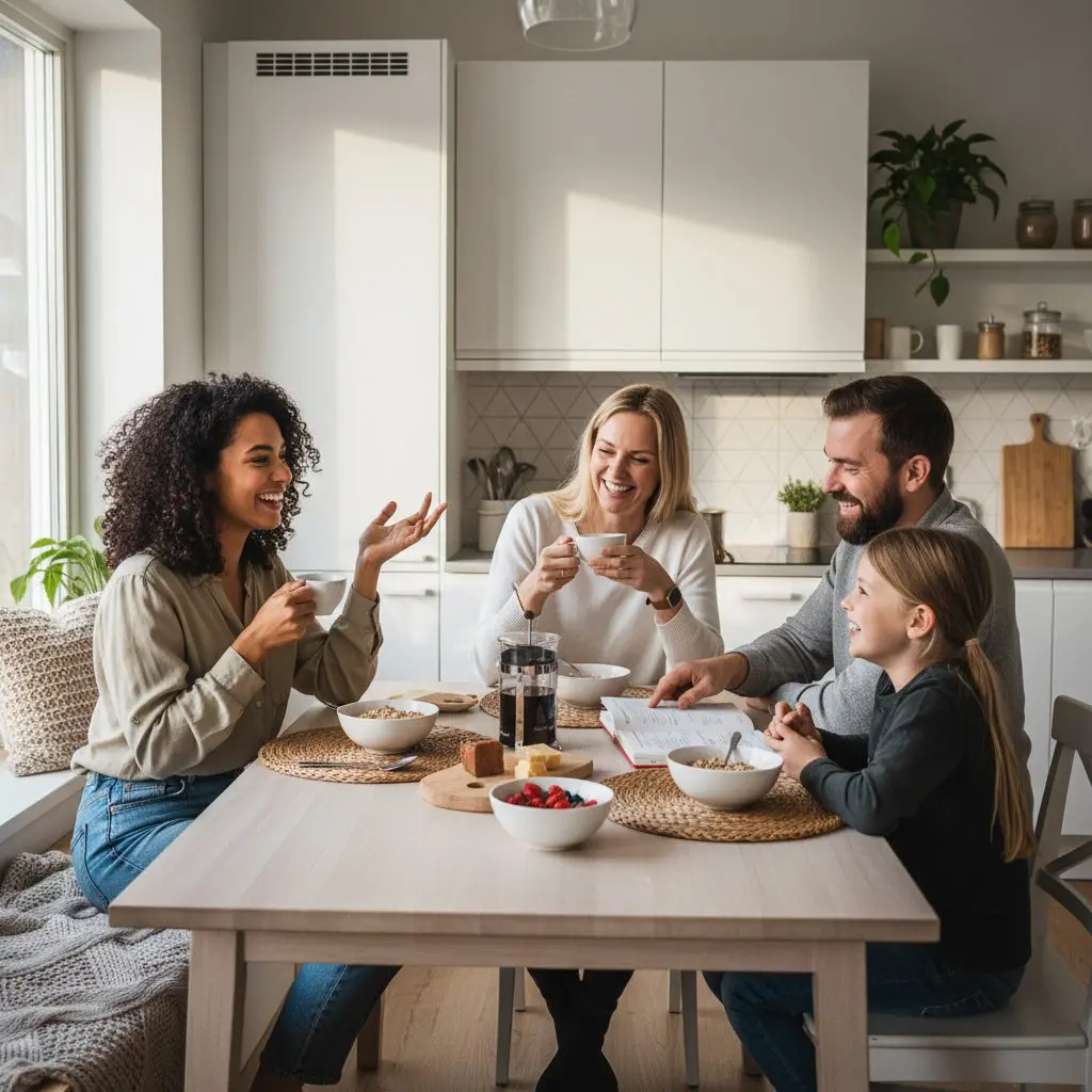 Norwegian homestay program student learning with host family at breakfast