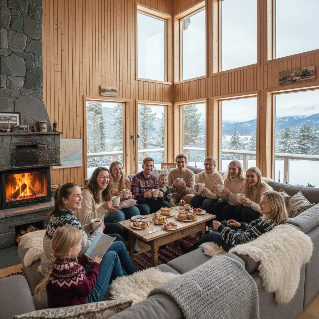 Group of international students enjoying Norwegian homestay program with host family in cozy living room