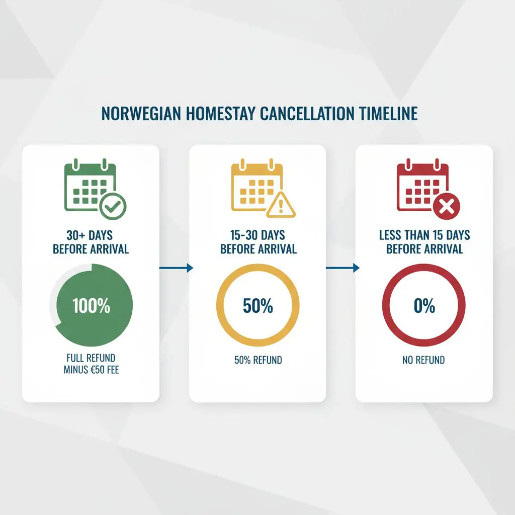 Norwegian homestay cancellation policy timeline showing refund percentages: 100% refund 30+ days, 50% refund 15-30 days, no refund under 15 days