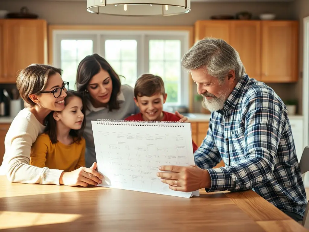 Guest and Norwegian host family planning an extended homestay around a kitchen table