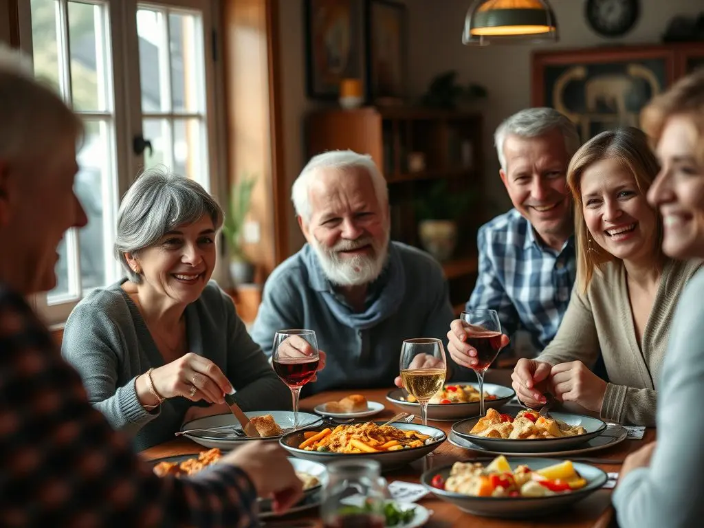 Solo traveler sharing dinner with a Norwegian host family during a homestay program