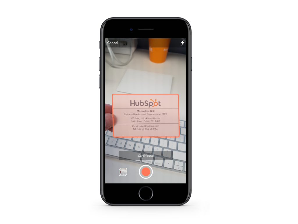 It's possible to scrape business cards with a system called HubSpot CRM: