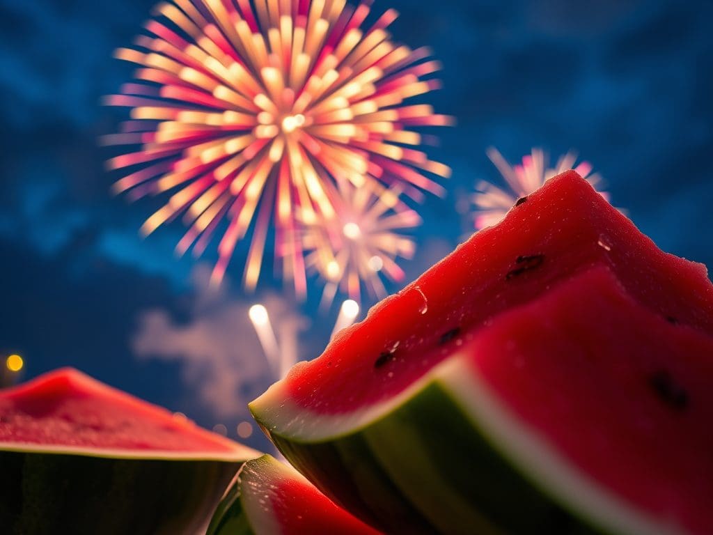 We watch fireworks paint the unusually bright Norwegian summer sky. We enjoy sweet, juicy watermelon.