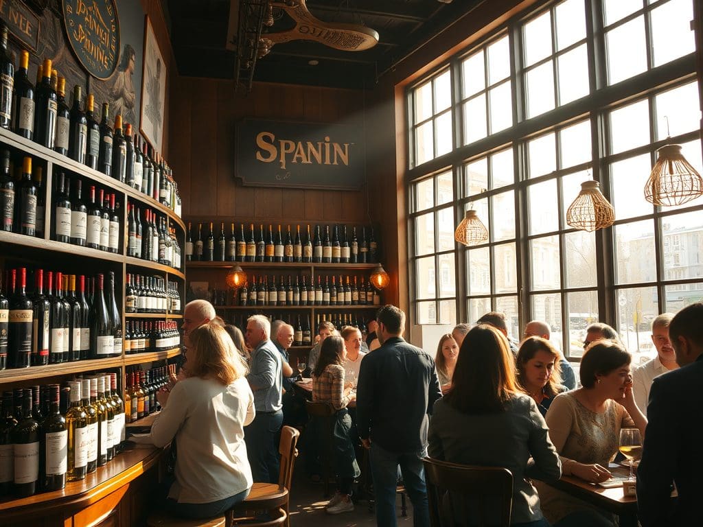 A sunny day in a Barcelona bodega with lively chatter and wine