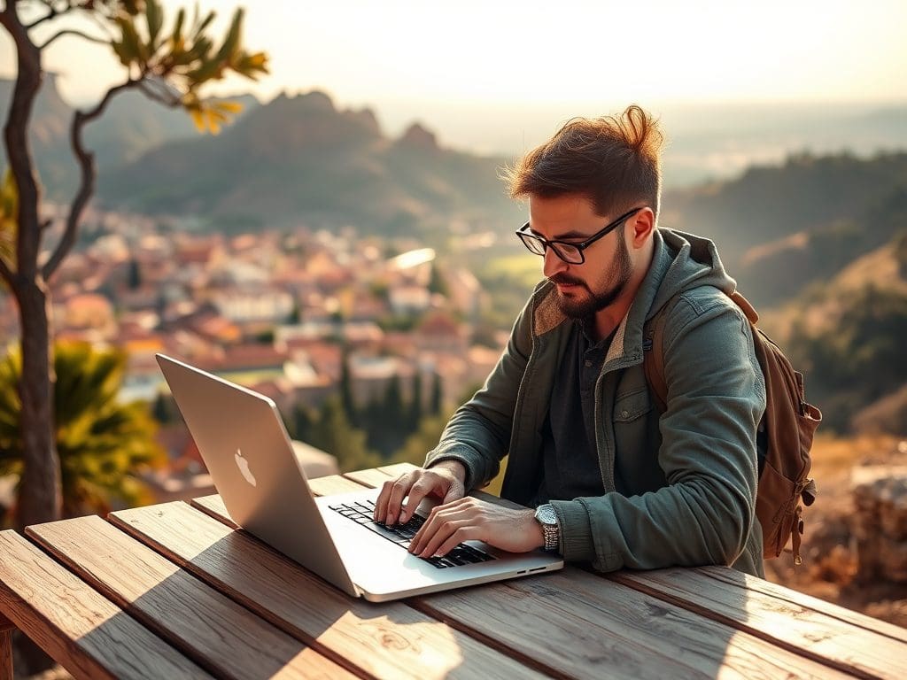 Digital nomad working on laptop with travel scenery