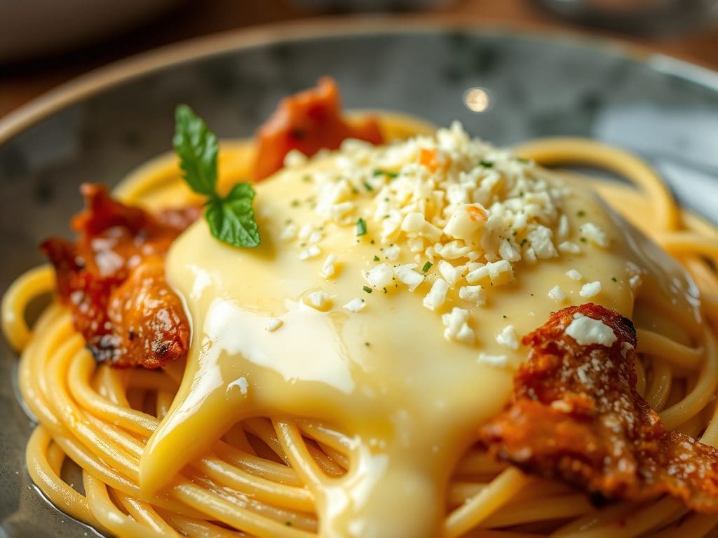 The silky egg sauce coats each strand of spaghetti.