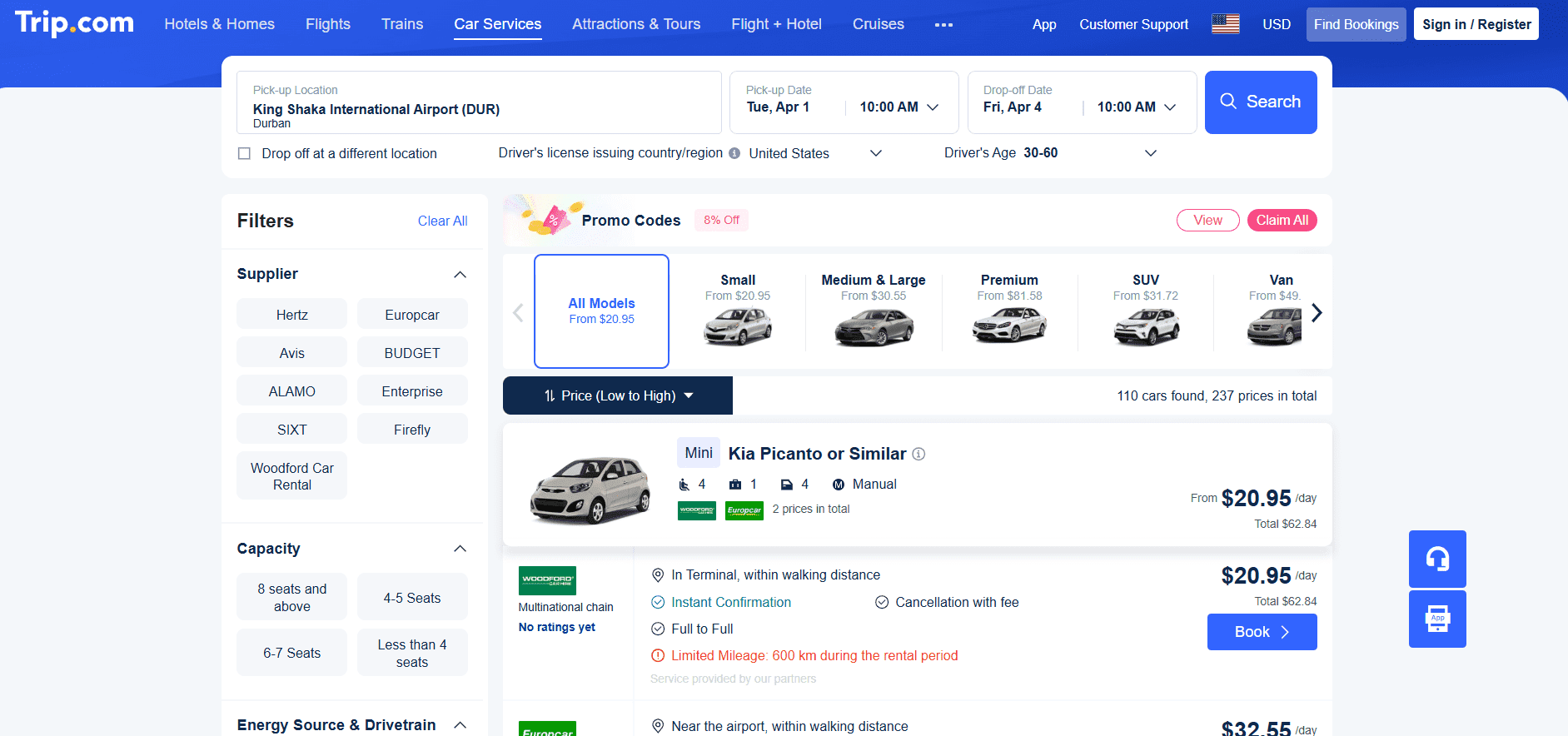 Car rental options through our Trip.com affiliate link