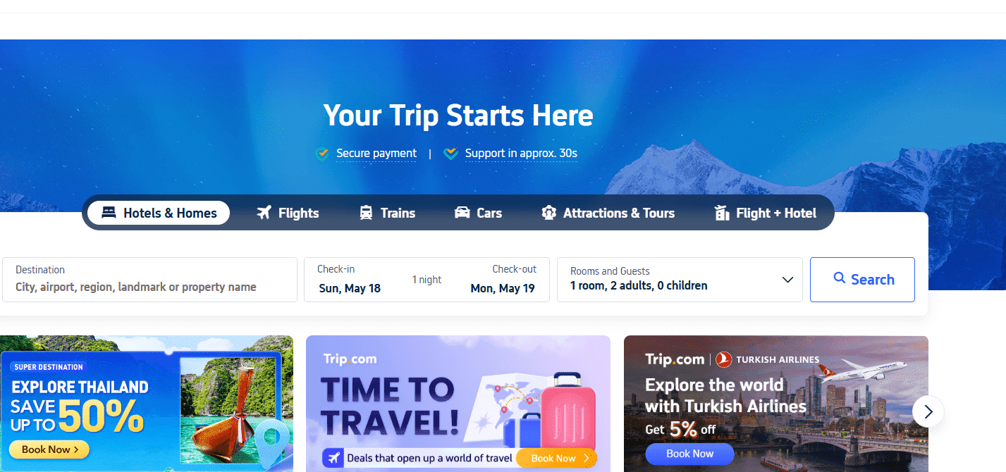 Book accommodations through Trip.com
