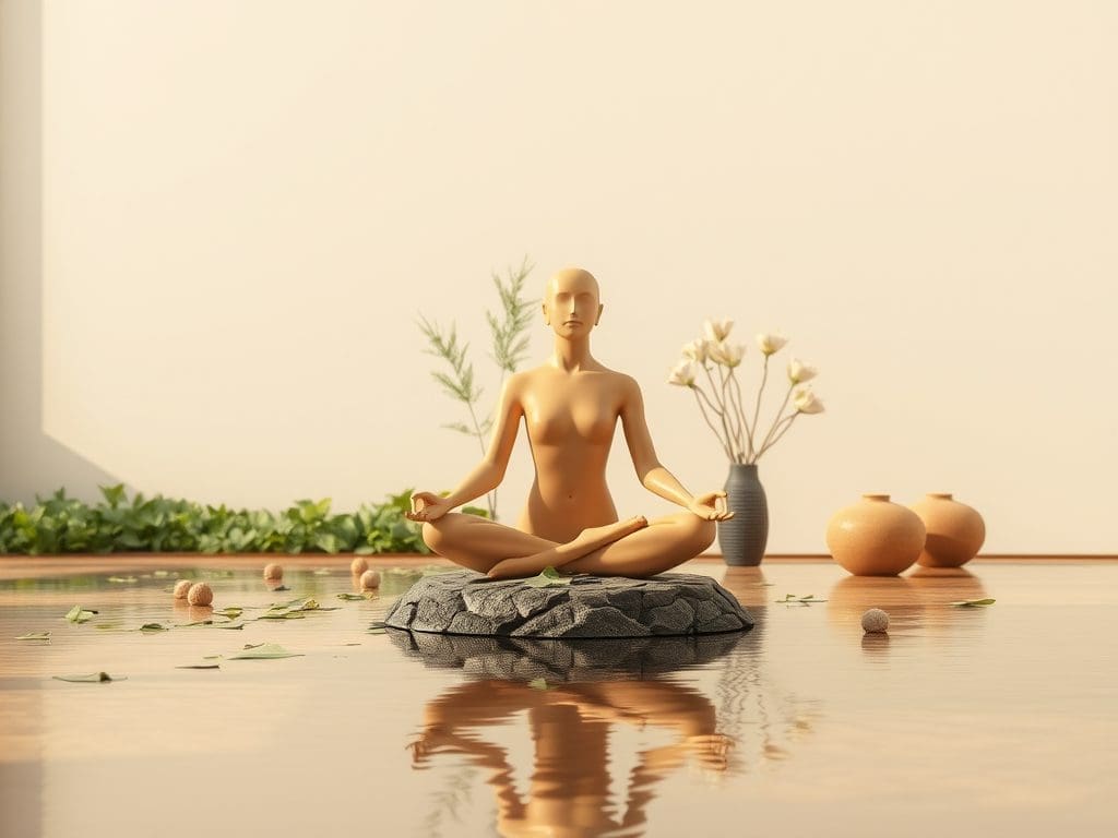 A peaceful meditation scene with nature elements