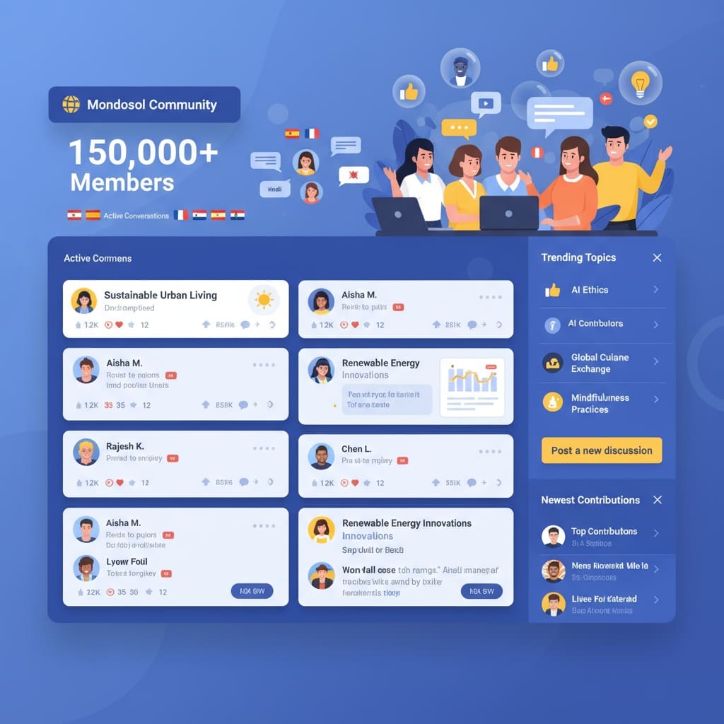 Community engagement interface showing user content contributions and discussions on Mondosol platform