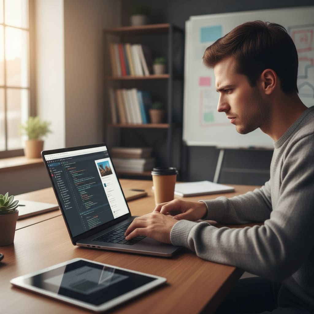Student learning practical skills like website building for real-world relevance