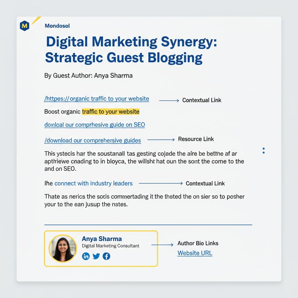 Strategic link placement in guest post showing author bio and contextual links to website and business resources