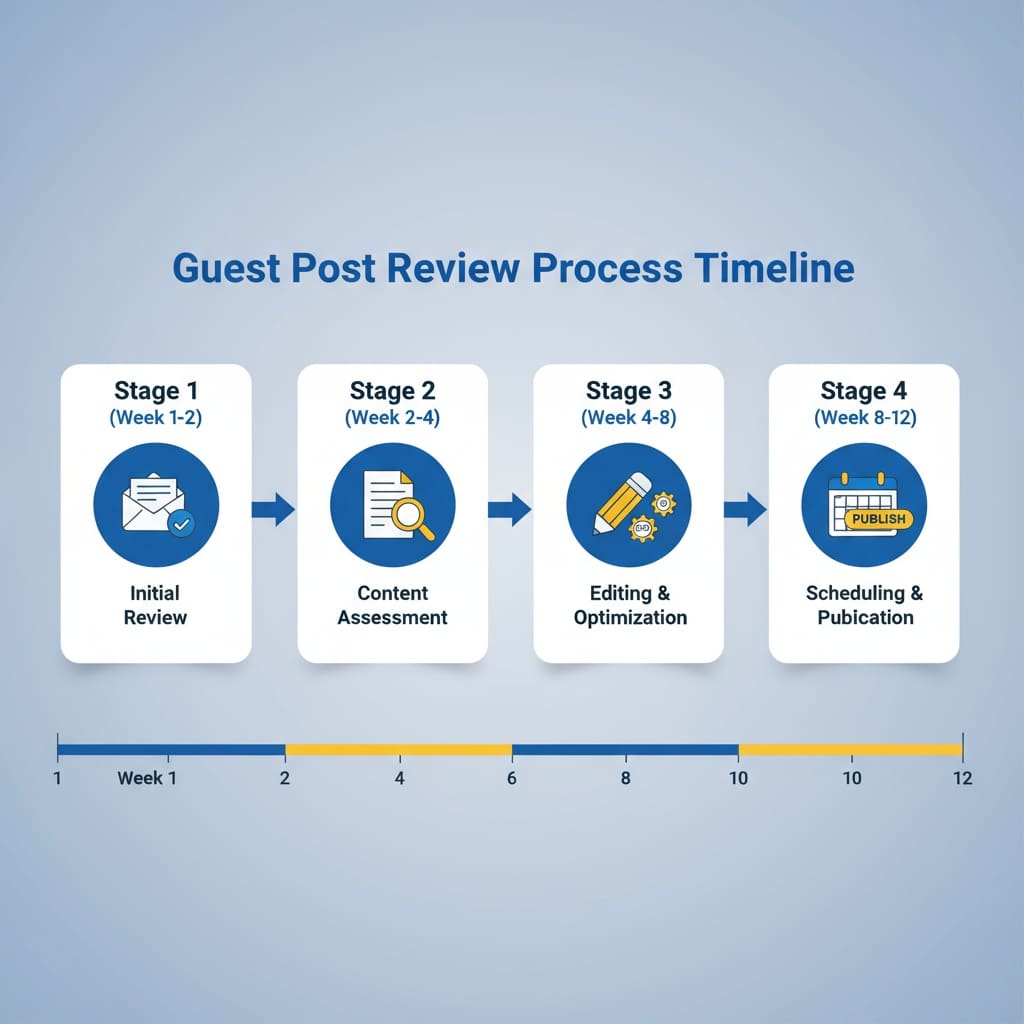 Guest post review process timeline showing submission, editorial review, editing, and publication stages over 3-4 months